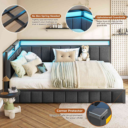 DICTAC | Corner Bed Frame with Storage Drawers, LED Lights & Charging Station, Upholstered Daybed (Oak Gray)