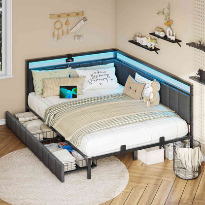 DICTAC | Corner Bed Frame with Storage Drawers, LED Lights & Charging Station, Upholstered Daybed (Oak Gray)