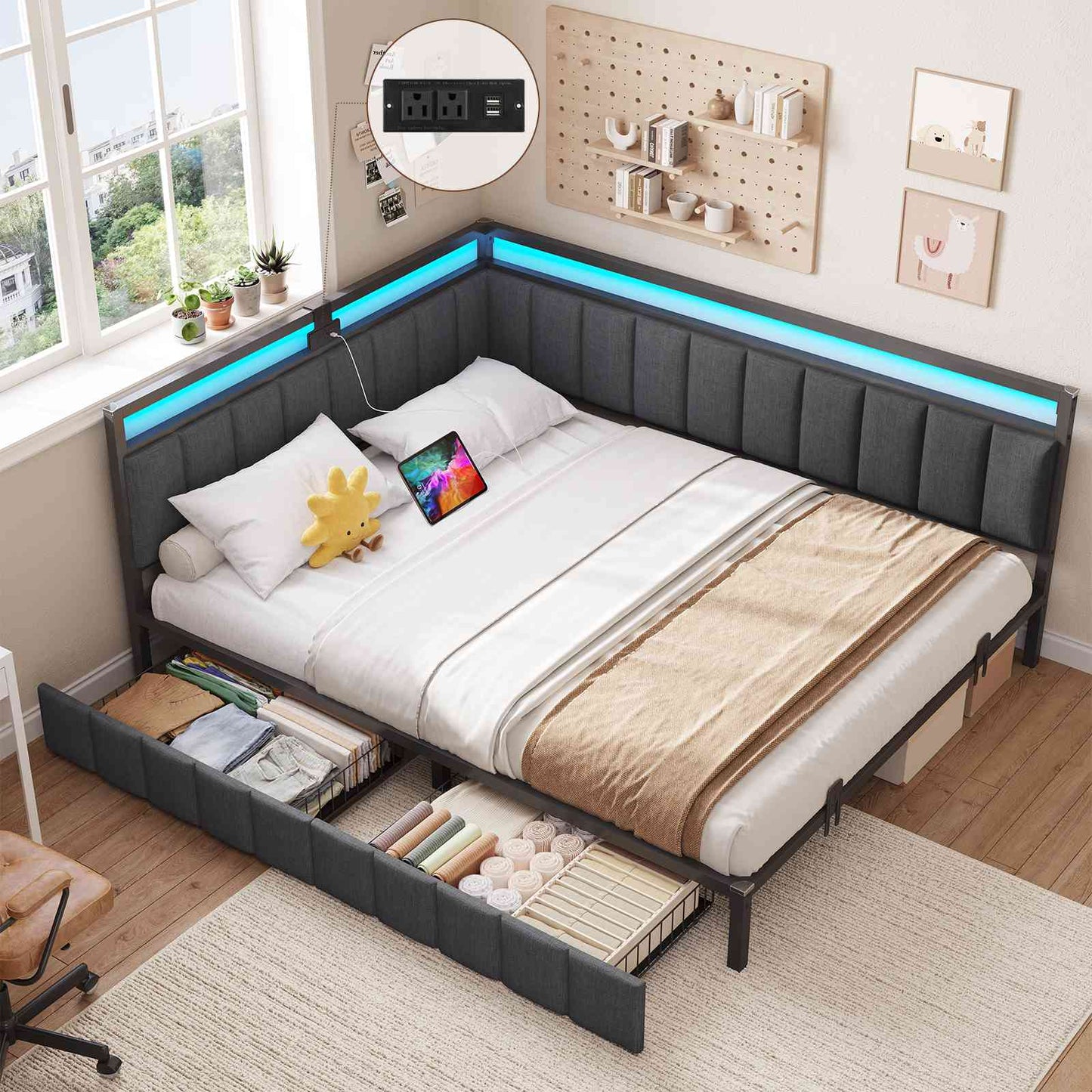 DICTAC | Corner Bed Frame with Storage Drawers, LED Lights & Charging Station, Upholstered Daybed (Oak Gray)