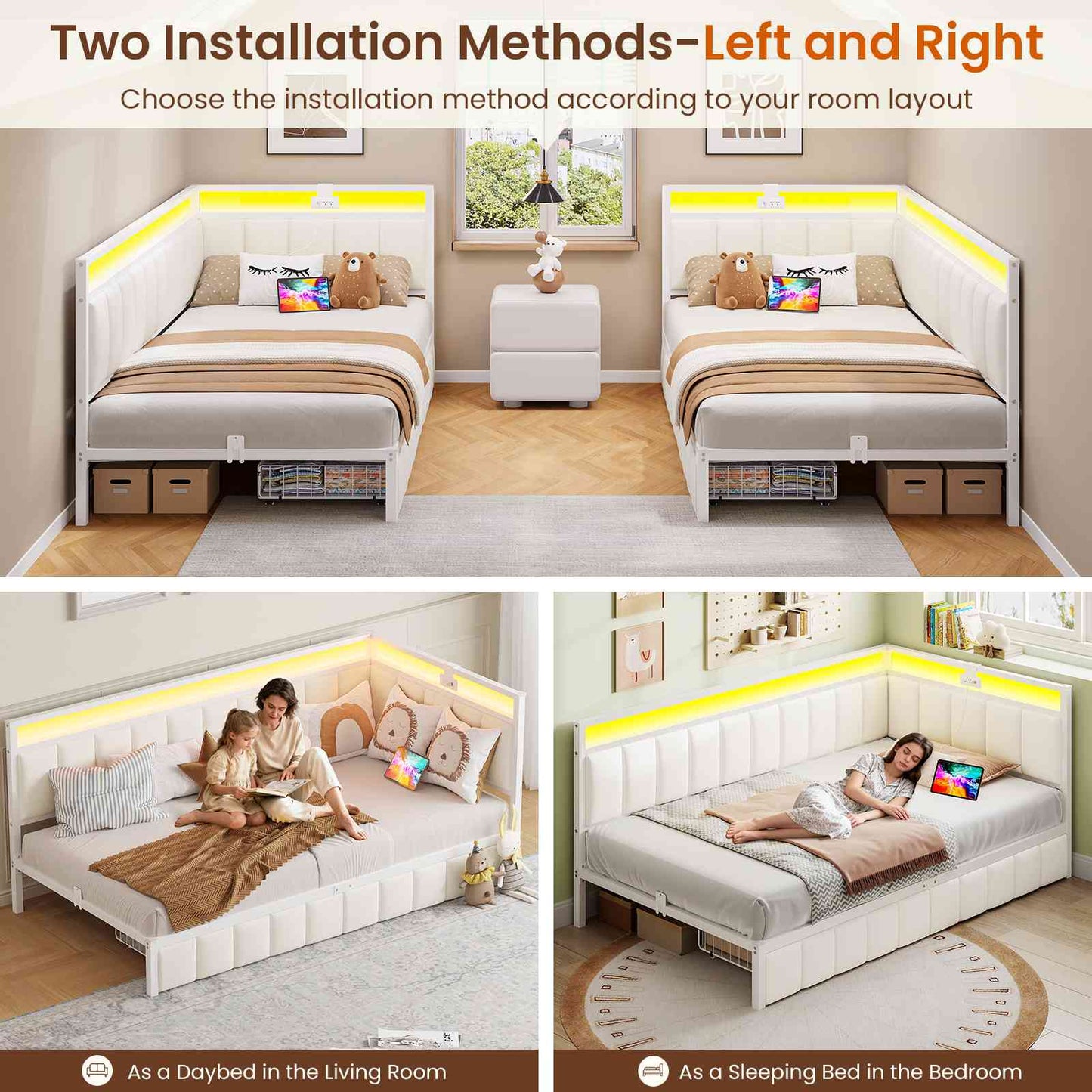 DICTAC | Corner Bed Frame with Storage Drawers, LED Lights & Charging Station, Upholstered Daybed (Beige)