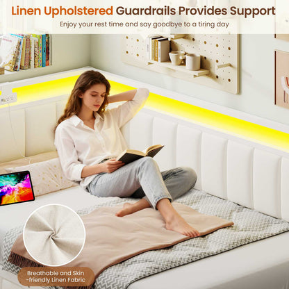DICTAC | Corner Bed Frame with Storage Drawers, LED Lights & Charging Station, Upholstered Daybed (Beige)