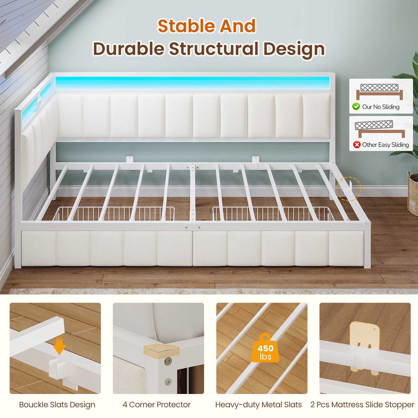 DICTAC | Corner Bed Frame with Storage Drawers, LED Lights & Charging Station, Upholstered Daybed (Beige)