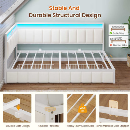 DICTAC | Corner Bed Frame with Storage Drawers, LED Lights & Charging Station, Upholstered Daybed (Beige)