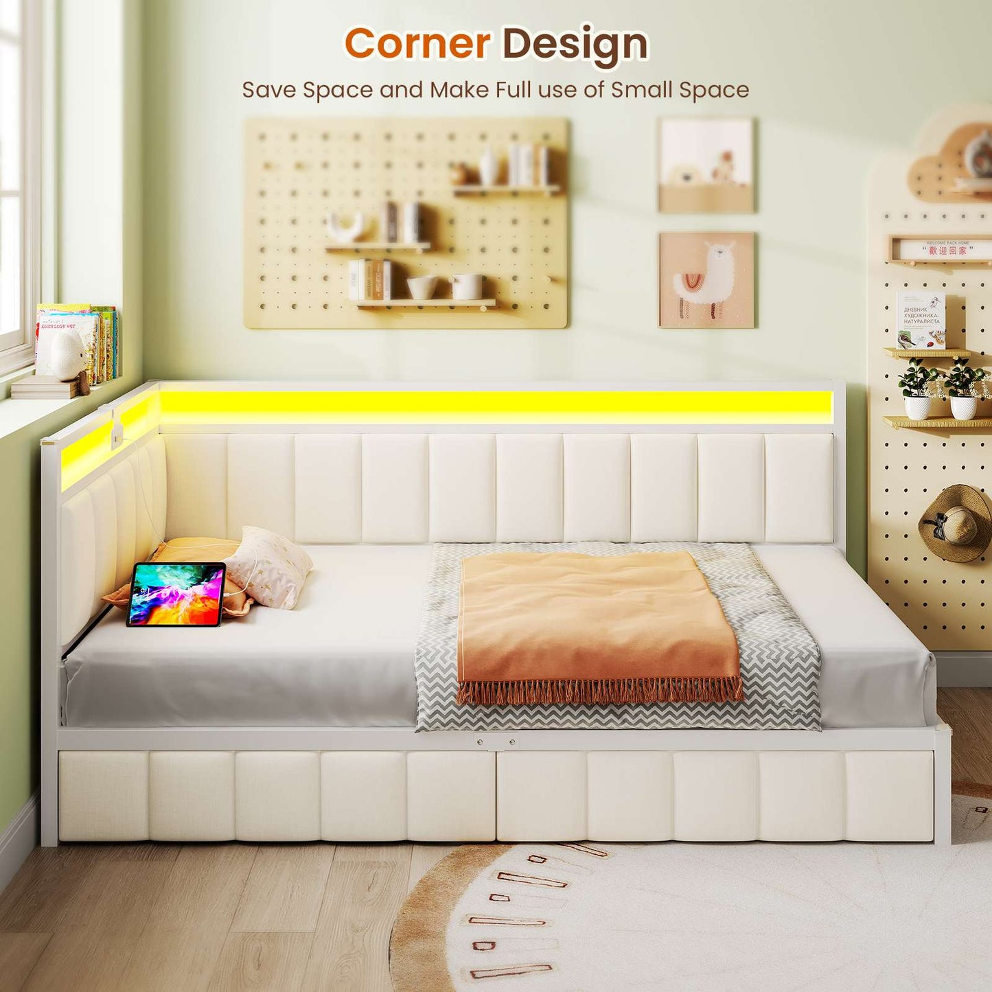 DICTAC | Corner Bed Frame with Storage Drawers, LED Lights & Charging Station, Upholstered Daybed (Beige)