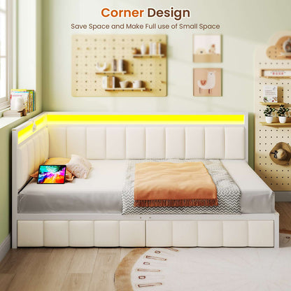 DICTAC | Corner Bed Frame with Storage Drawers, LED Lights & Charging Station, Upholstered Daybed (Beige)