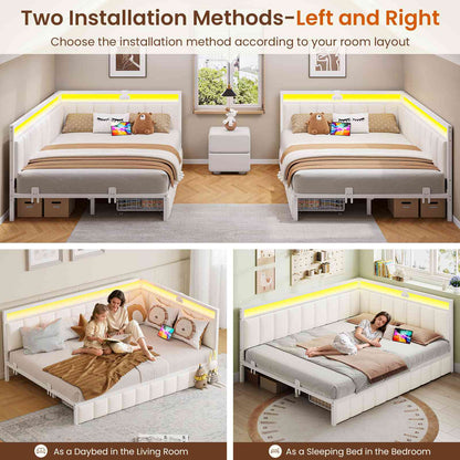 DICTAC | Corner Bed Frame with Storage Drawers, LED Lights & Charging Station, Upholstered Daybed (Beige)