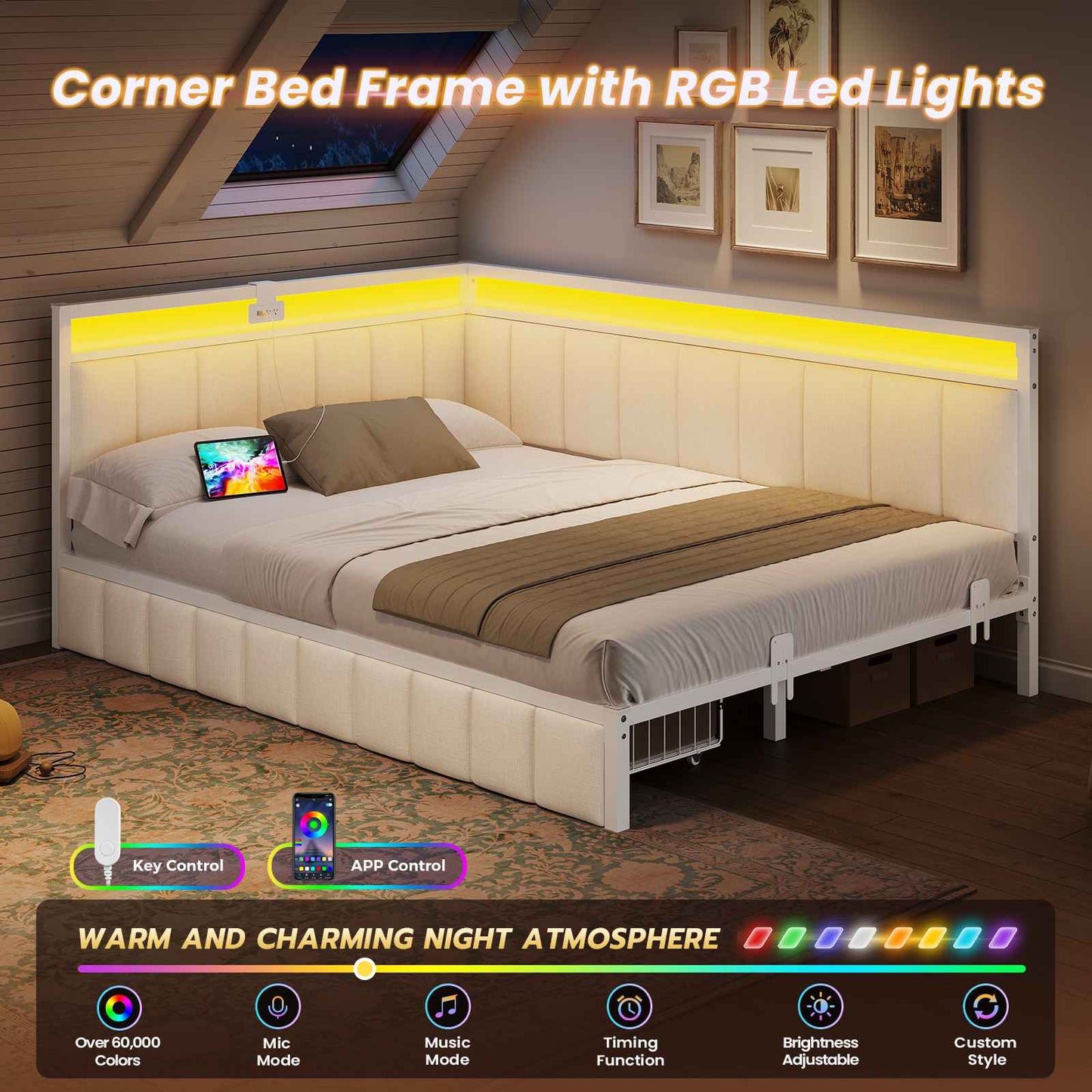 DICTAC | Corner Bed Frame with Storage Drawers, LED Lights & Charging Station, Upholstered Daybed (Beige)