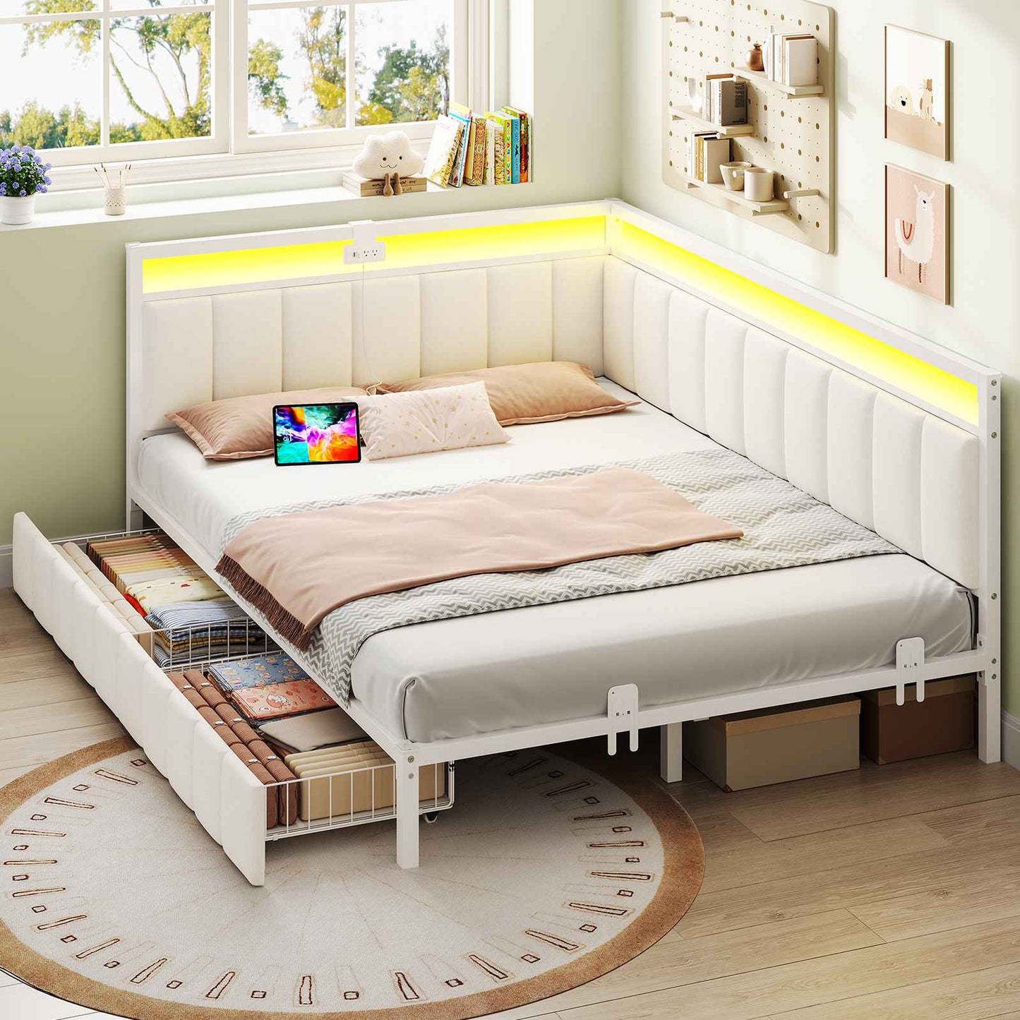 DICTAC | Corner Bed Frame with Storage Drawers, LED Lights & Charging Station, Upholstered Daybed (Beige)