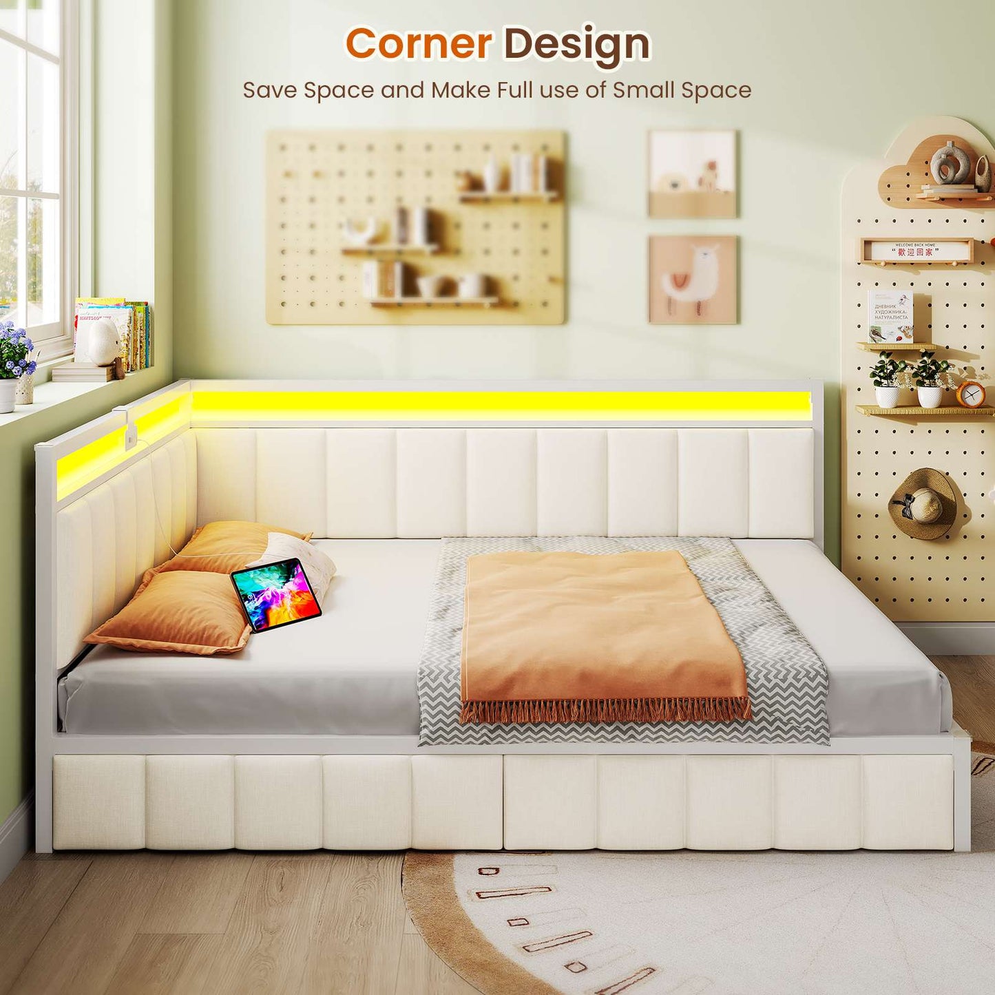 DICTAC | Corner Bed Frame with Storage Drawers, LED Lights & Charging Station, Upholstered Daybed (Beige)