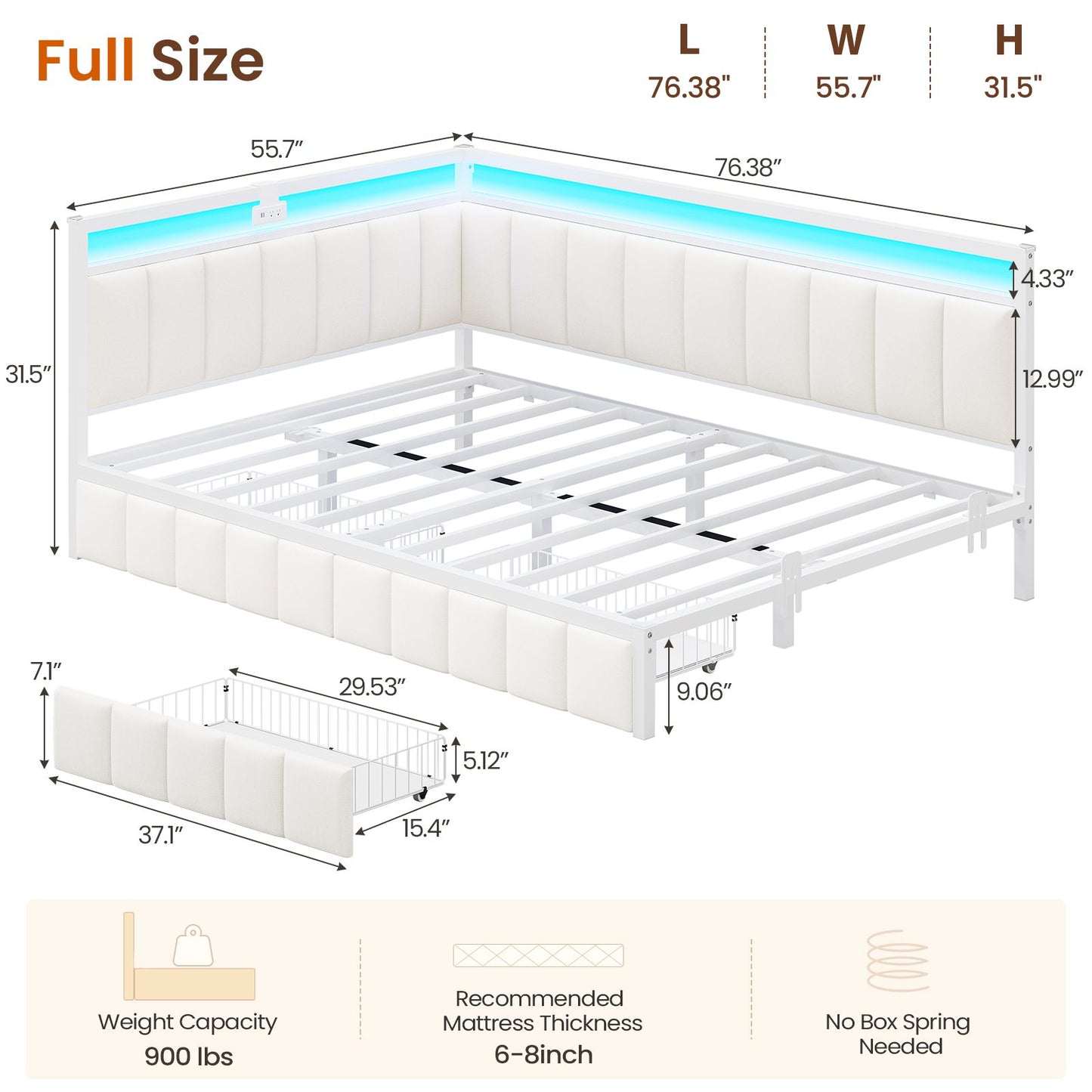DICTAC | Corner Bed Frame with Storage Drawers, LED Lights & Charging Station, Upholstered Daybed (Beige)