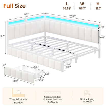DICTAC | Corner Bed Frame with Storage Drawers, LED Lights & Charging Station, Upholstered Daybed (Beige)