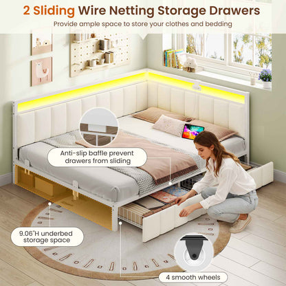 DICTAC | Corner Bed Frame with Storage Drawers, LED Lights & Charging Station, Upholstered Daybed (Beige)