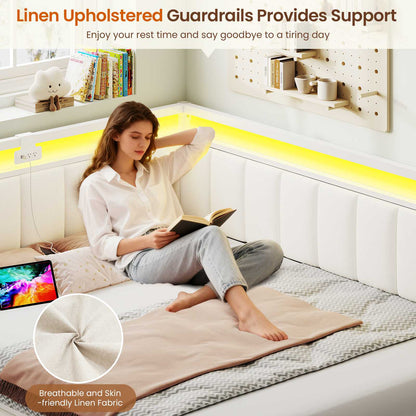 DICTAC | Corner Bed Frame with Storage Drawers, LED Lights & Charging Station, Upholstered Daybed (Beige)