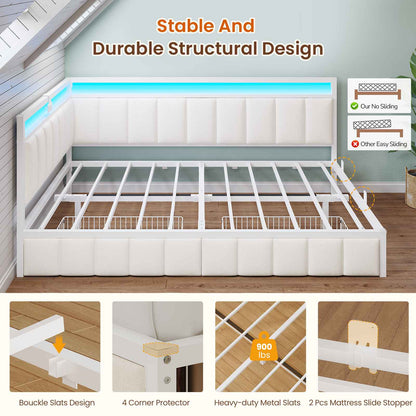 DICTAC | Corner Bed Frame with Storage Drawers, LED Lights & Charging Station, Upholstered Daybed (Beige)