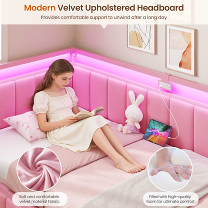 DICTAC | Corner Bed Frame with Storage Drawers, LED Lights & Charging Station, Upholstered Daybed (Pink)
