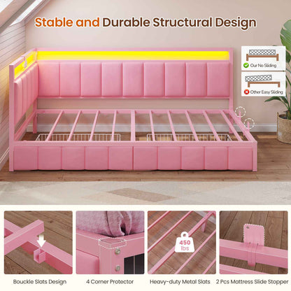 DICTAC | Corner Bed Frame with Storage Drawers, LED Lights & Charging Station, Upholstered Daybed (Pink)