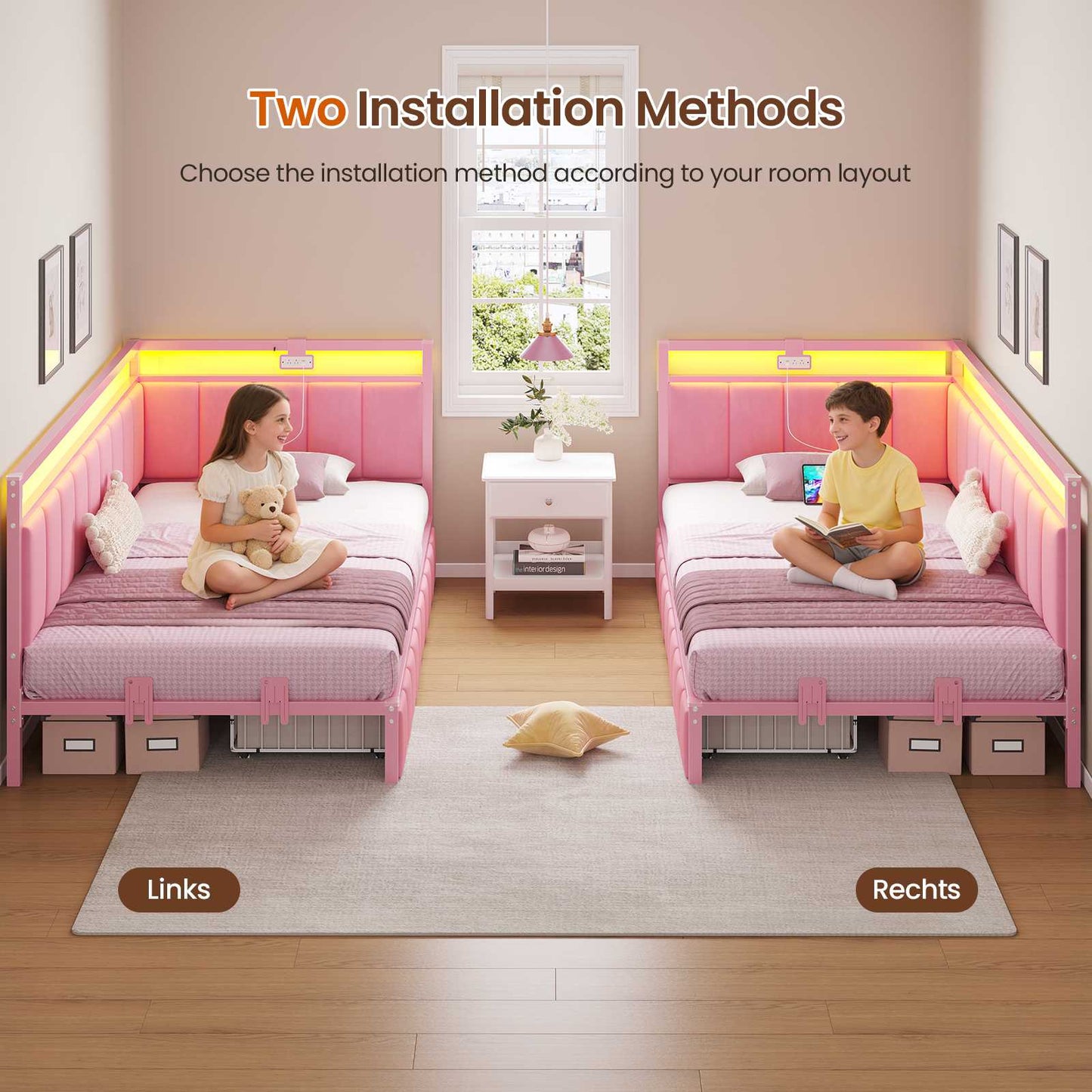 DICTAC | Corner Bed Frame with Storage Drawers, LED Lights & Charging Station, Upholstered Daybed (Pink)