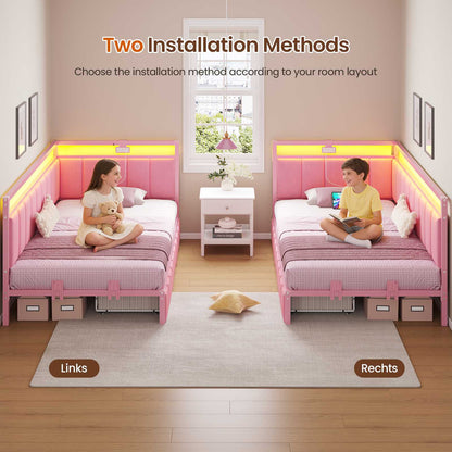 DICTAC | Corner Bed Frame with Storage Drawers, LED Lights & Charging Station, Upholstered Daybed (Pink)
