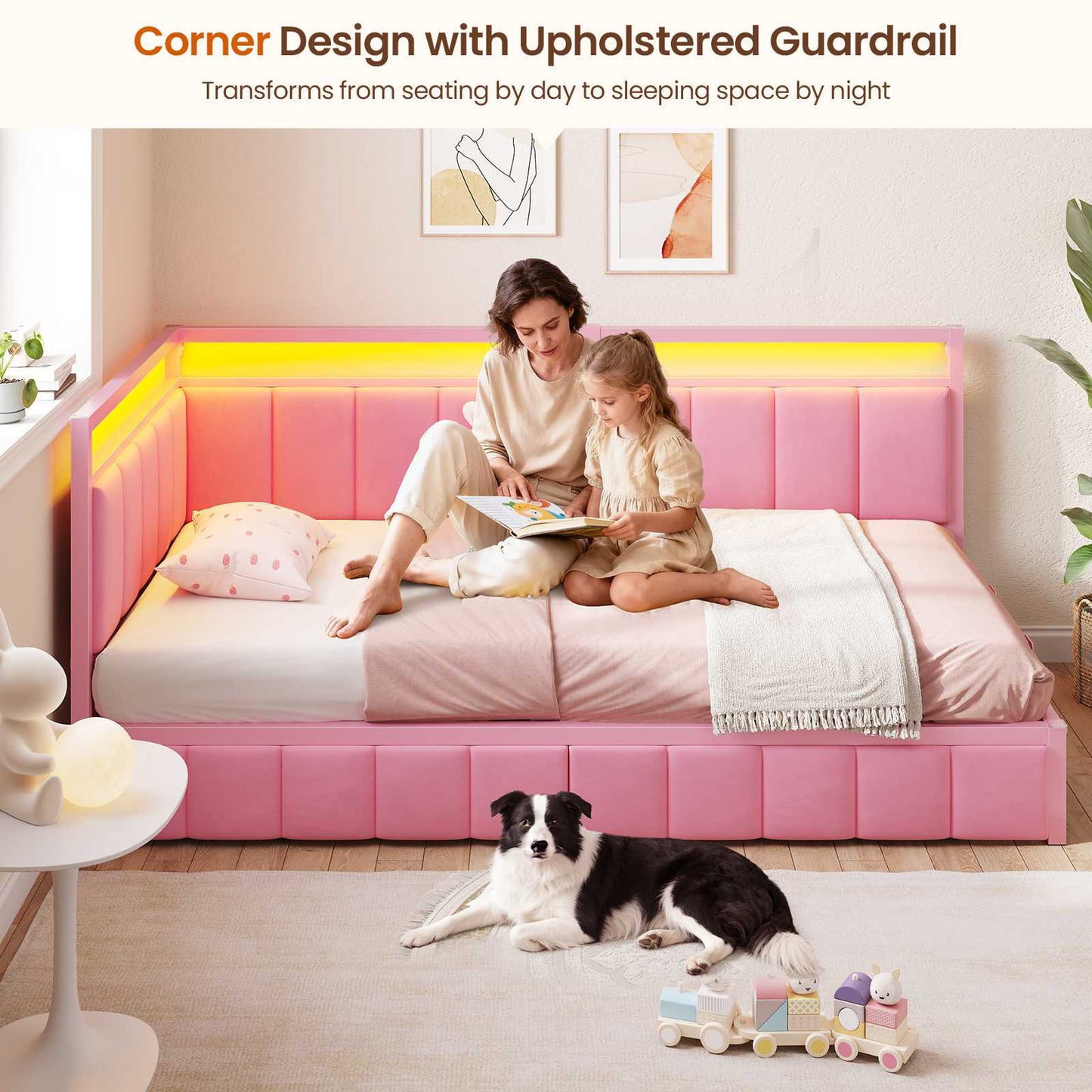 DICTAC | Corner Bed Frame with Storage Drawers, LED Lights & Charging Station, Upholstered Daybed (Pink)