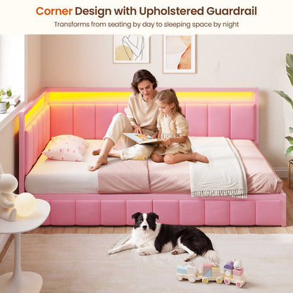 DICTAC | Corner Bed Frame with Storage Drawers, LED Lights & Charging Station, Upholstered Daybed (Pink)