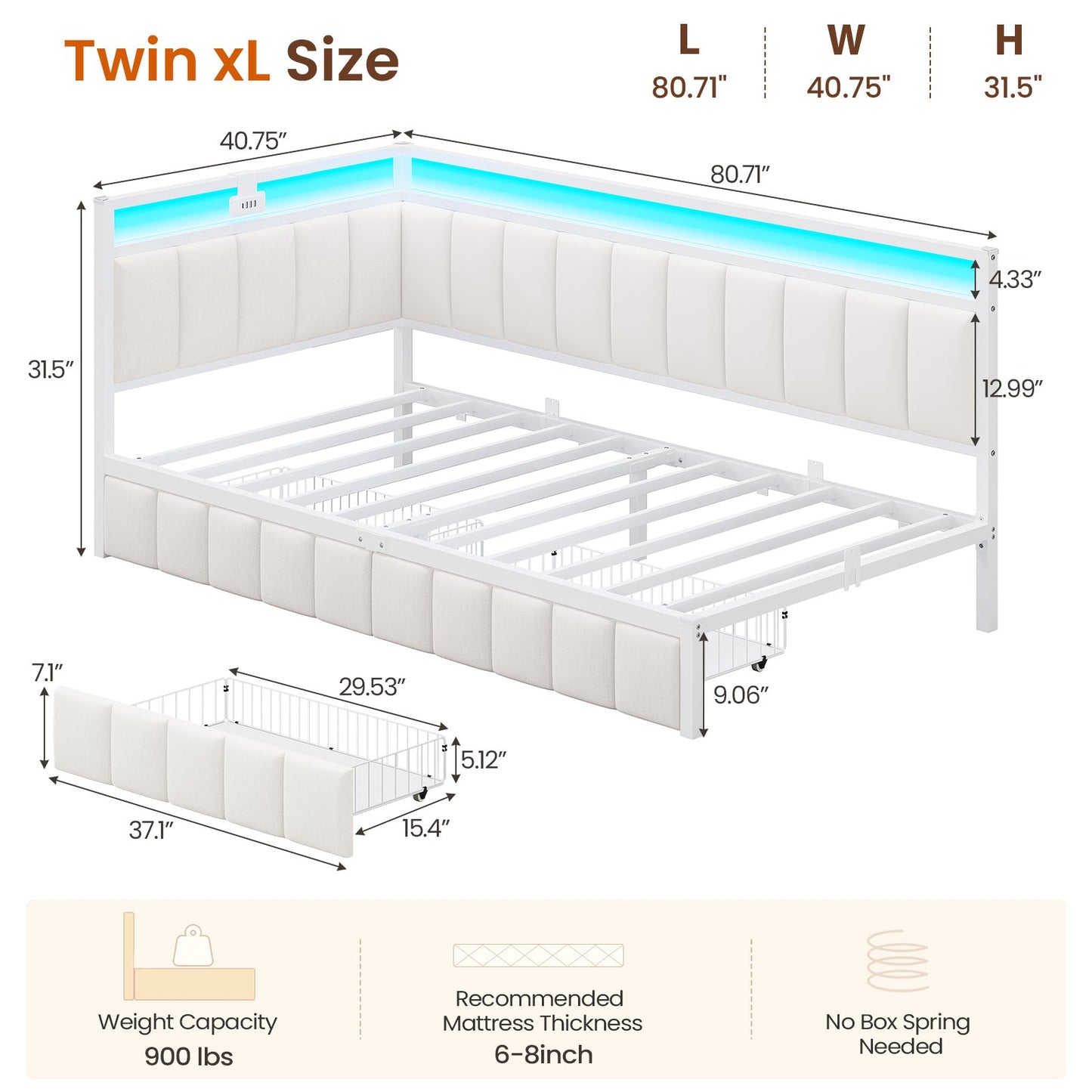 DICTAC | Corner Bed Frame with Storage Drawers, LED Lights & Charging Station, Upholstered Daybed (Beige)
