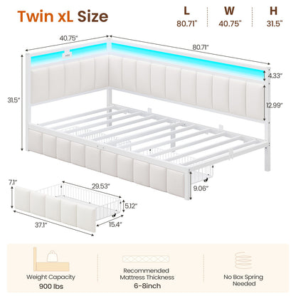 DICTAC | Corner Bed Frame with Storage Drawers, LED Lights & Charging Station, Upholstered Daybed (Beige)