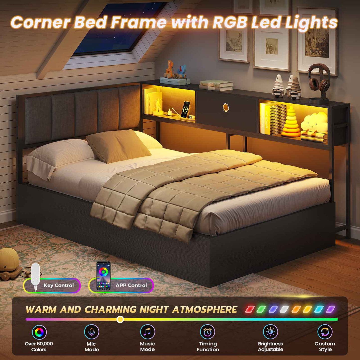 DICTAC | Corner Lift-Up Storage Bed Frame with LED Lights & Charging Station, Hydraulic Storage Daybed with Bookcase (Black)