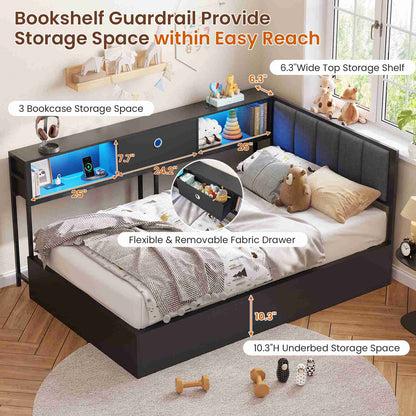 DICTAC | Corner Lift-Up Storage Bed Frame with LED Lights & Charging Station, Hydraulic Storage Daybed with Bookcase (Black)