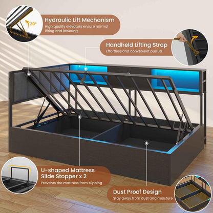 DICTAC | Corner Lift-Up Storage Bed Frame with LED Lights & Charging Station, Hydraulic Storage Daybed with Bookcase (Black)