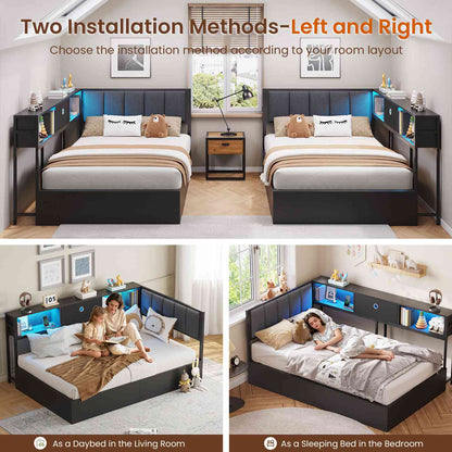 DICTAC | Corner Lift-Up Storage Bed Frame with LED Lights & Charging Station, Hydraulic Storage Daybed with Bookcase (Black)