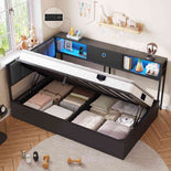 DICTAC | Full Size Corner Bed Frame with Hydraulic Storage, Bookcase, LED Lights & Charging Station – Black