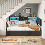 DICTAC | Full Size Corner Bed Frame with Hydraulic Storage, Bookcase, LED Lights & Charging Station – Black