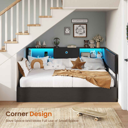 DICTAC | Corner Lift-Up Storage Bed Frame with LED Lights & Charging Station, Hydraulic Storage Daybed with Bookcase (Black)