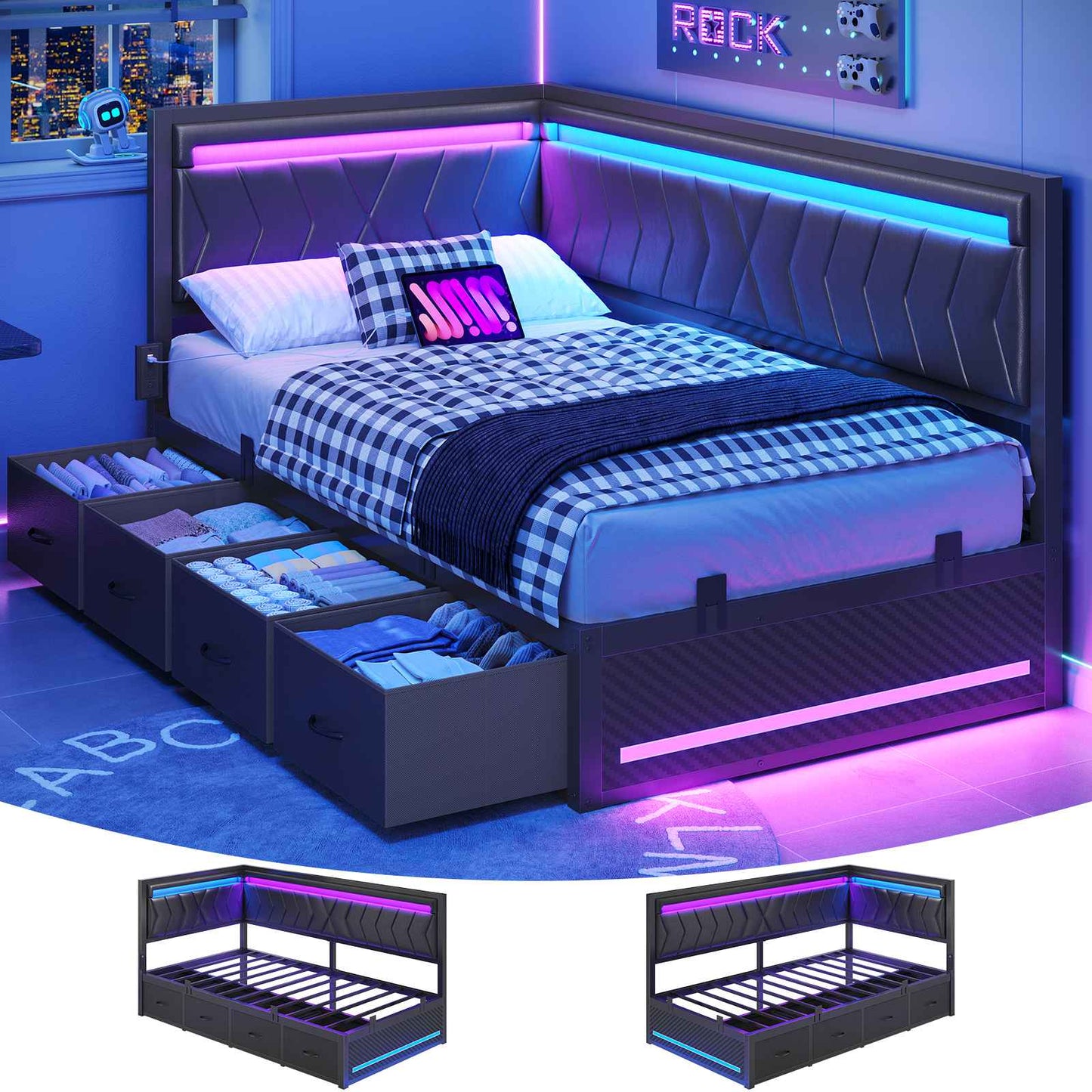 DICTAC | Cyberpunk L-Shaped Gaming Bed Frame with RGB LED Lights, Storage Drawers & Charging Station, Black