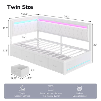 DICTAC | Cyberpunk L-Shaped Gaming Bed Frame with RGB LED Lights, Storage Drawers & Charging Station, White
