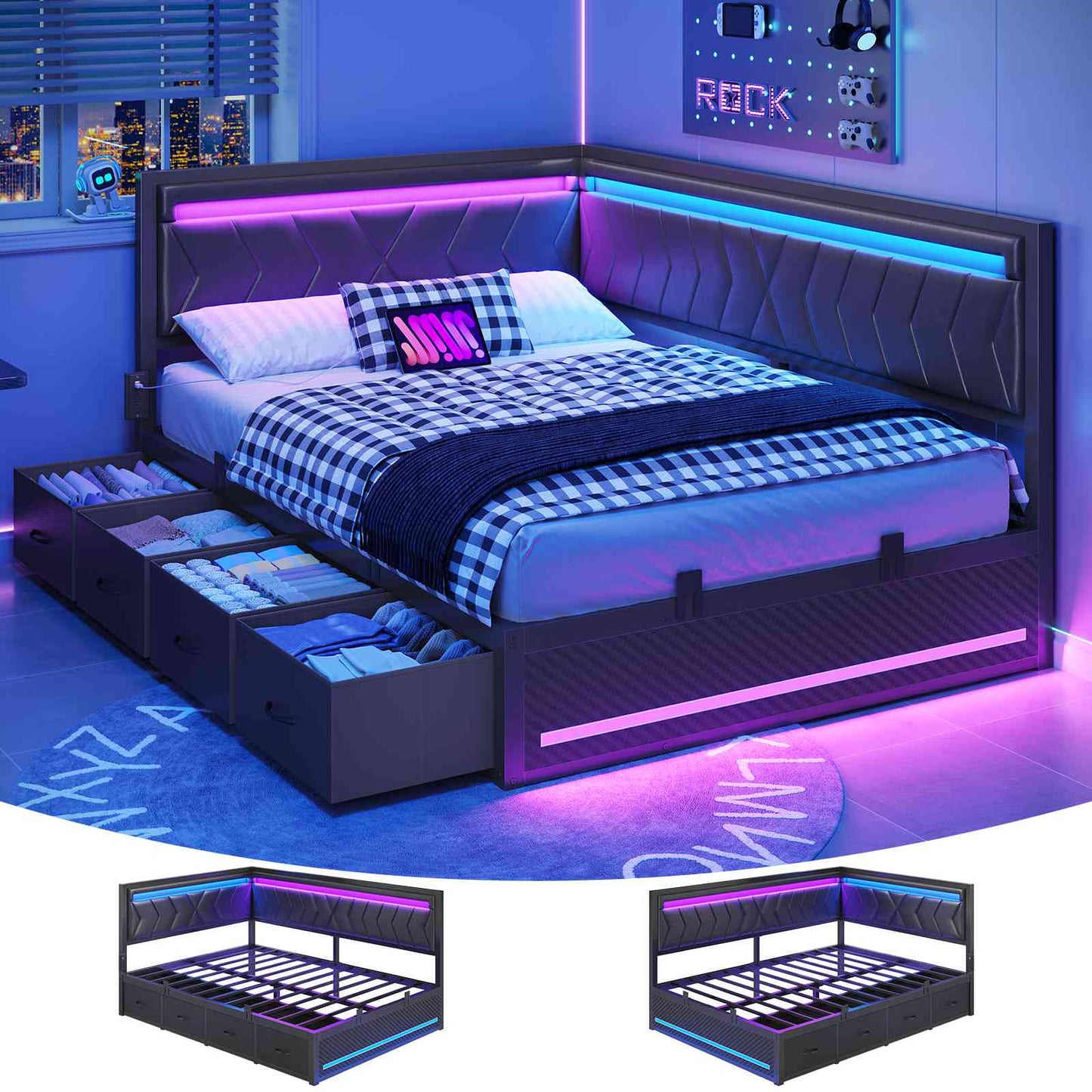 DICTAC | Cyberpunk L-Shaped Gaming Bed Frame with RGB LED Lights, Storage Drawers & Charging Station, Black