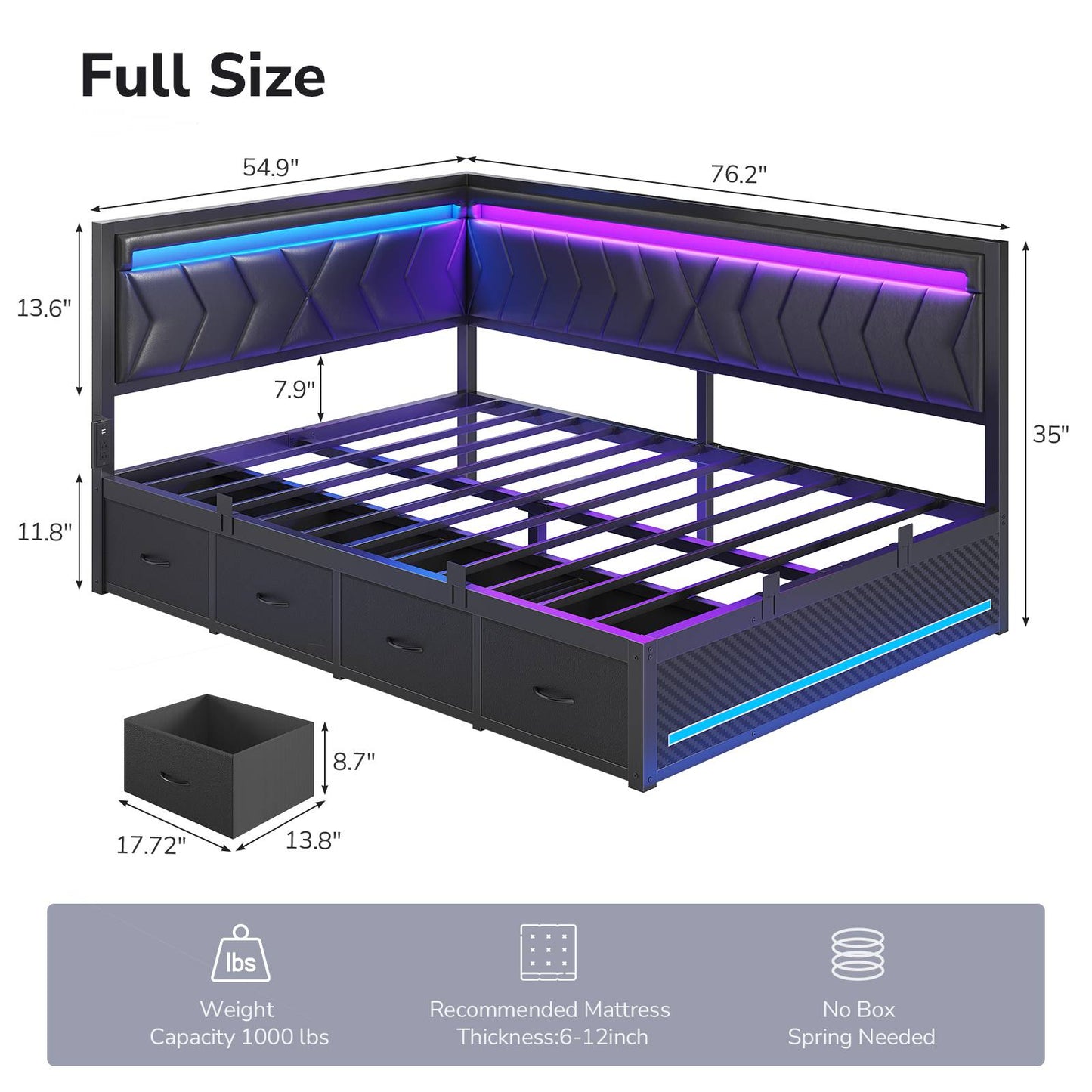 DICTAC | Cyberpunk L-Shaped Gaming Bed Frame with RGB LED Lights, Storage Drawers & Charging Station, Black