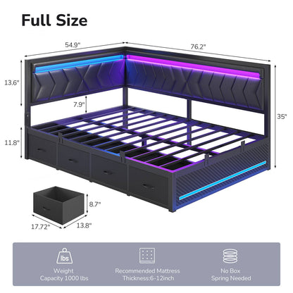 DICTAC | Cyberpunk L-Shaped Gaming Bed Frame with RGB LED Lights, Storage Drawers & Charging Station, Black