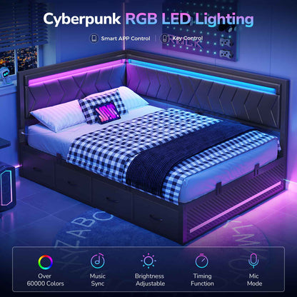 DICTAC | Cyberpunk L-Shaped Gaming Bed Frame with RGB LED Lights, Storage Drawers & Charging Station, Black