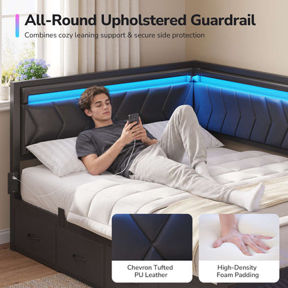 DICTAC | Cyberpunk L-Shaped Gaming Bed Frame with RGB LED Lights, Storage Drawers & Charging Station, Black