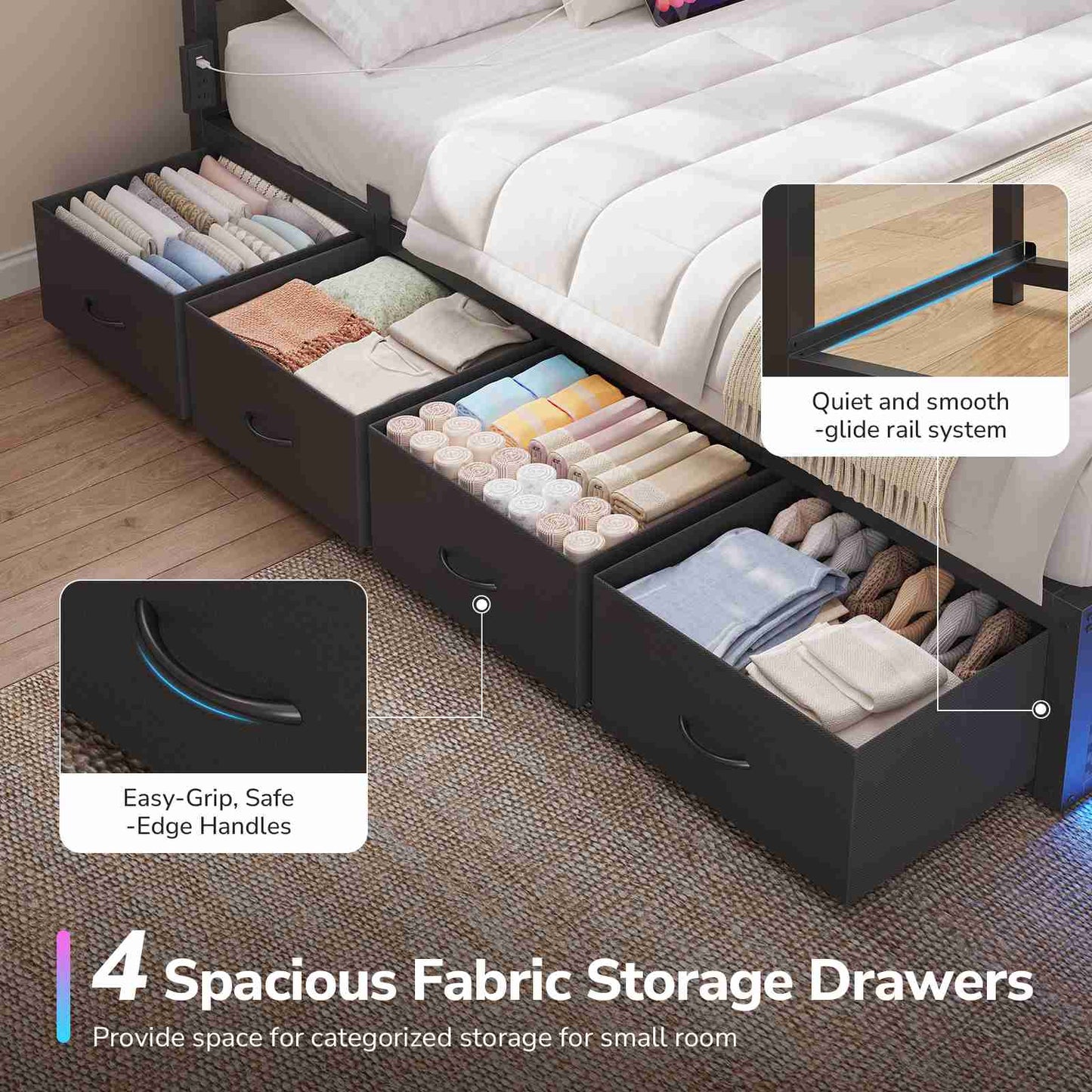 DICTAC | Cyberpunk L-Shaped Gaming Bed Frame with RGB LED Lights, Storage Drawers & Charging Station, Black