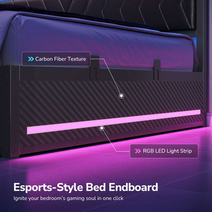 DICTAC | Cyberpunk L-Shaped Gaming Bed Frame with RGB LED Lights, Storage Drawers & Charging Station, Black