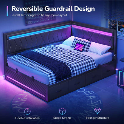 DICTAC | Cyberpunk L-Shaped Gaming Bed Frame with RGB LED Lights, Storage Drawers & Charging Station, Black