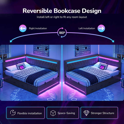 DICTAC | Cyberpunk L-Shaped Gaming Bed Frame with RGB LED Lights, Storage Drawers & Charging Station, Black