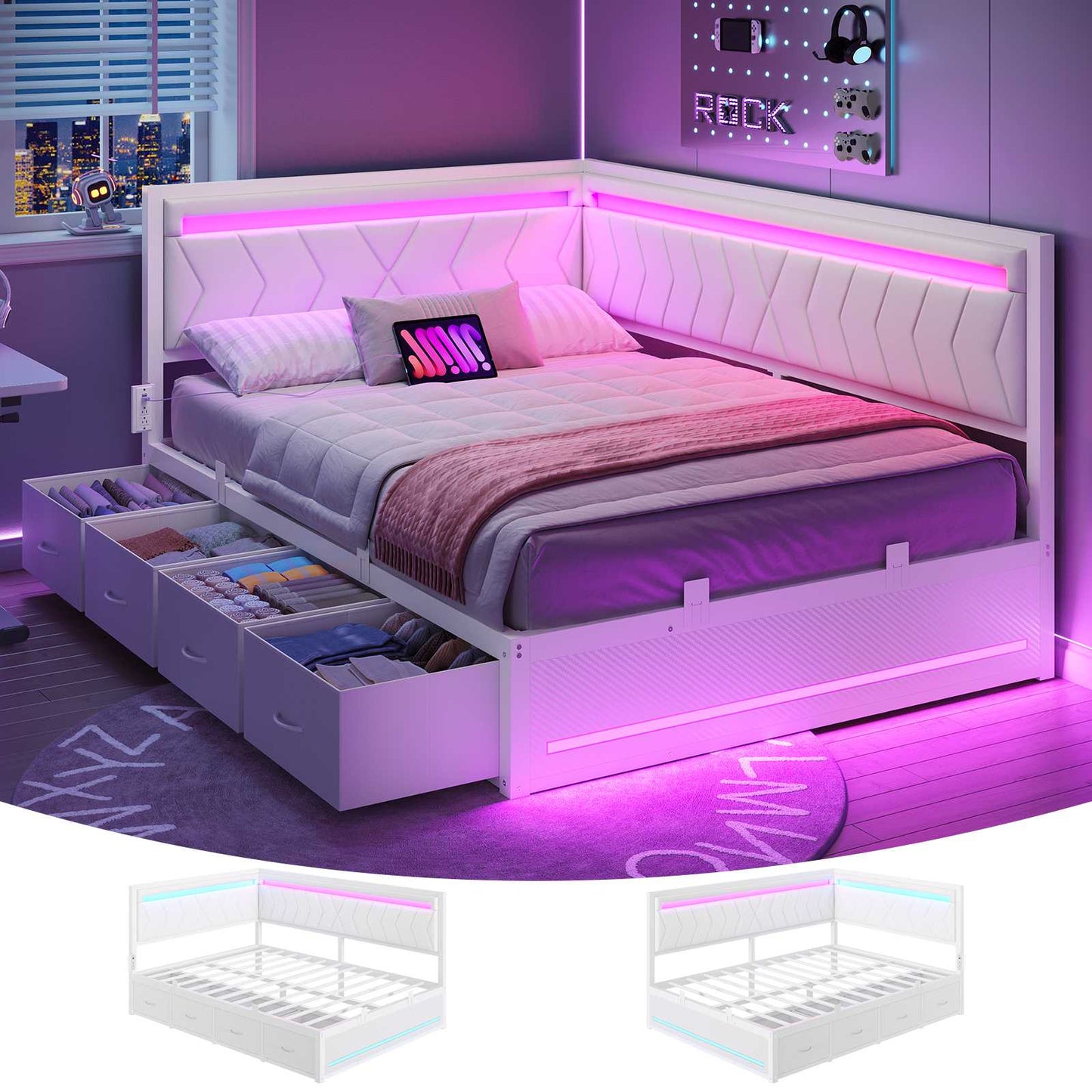DICTAC | Cyberpunk L-Shaped Gaming Bed Frame with RGB LED Lights, Storage Drawers & Charging Station, White