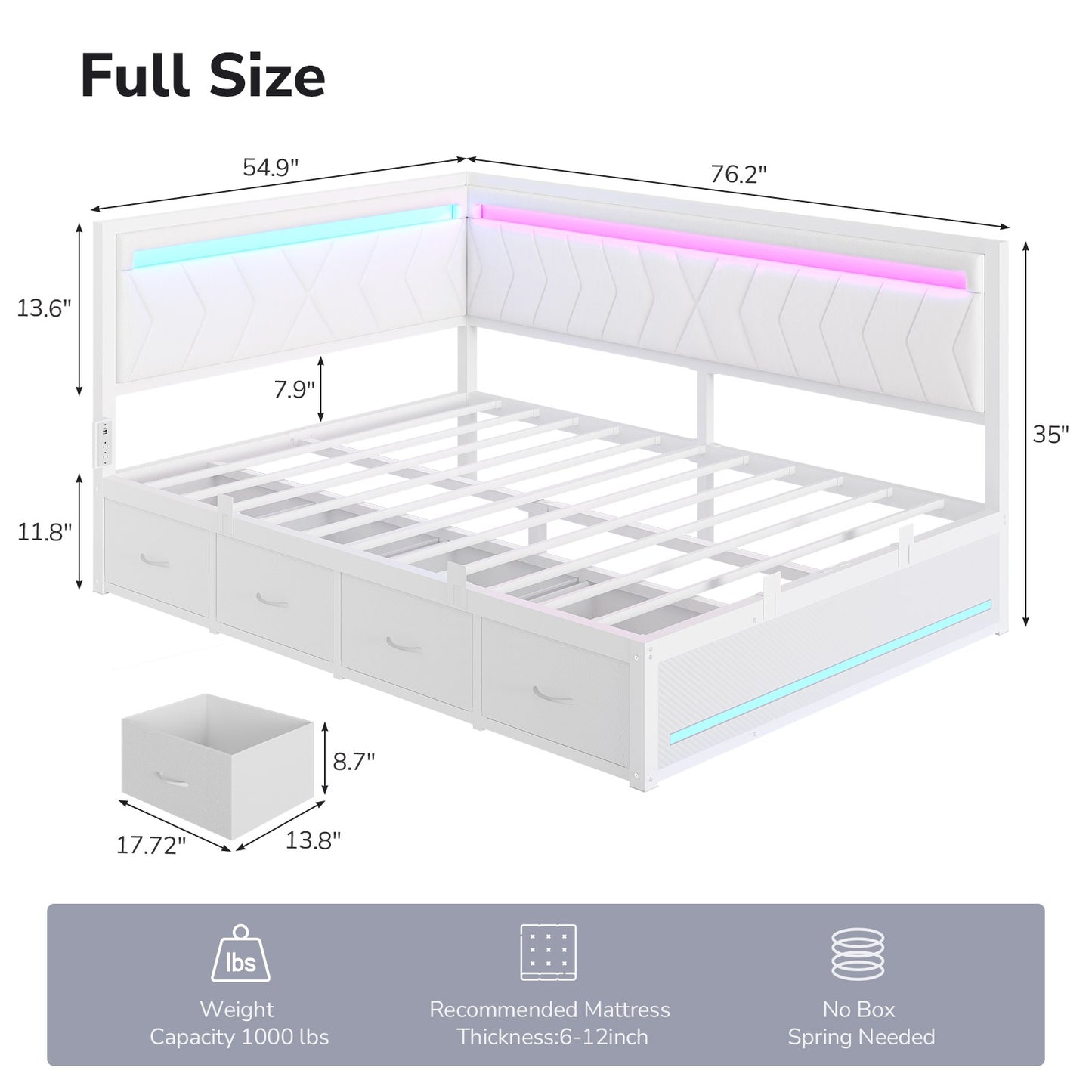 DICTAC | Cyberpunk L-Shaped Gaming Bed Frame with RGB LED Lights, Storage Drawers & Charging Station, White