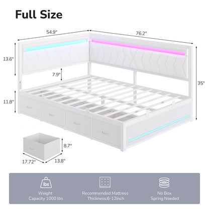 DICTAC | Cyberpunk L-Shaped Gaming Bed Frame with RGB LED Lights, Storage Drawers & Charging Station, White