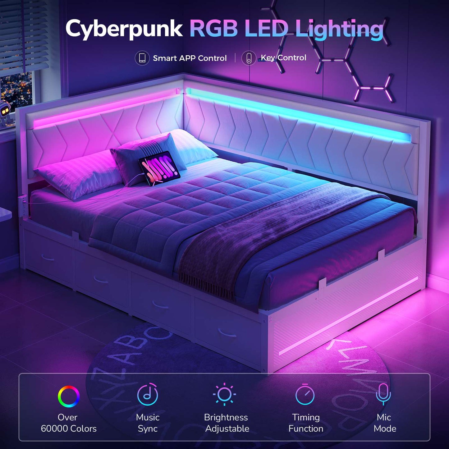 DICTAC | Cyberpunk L-Shaped Gaming Bed Frame with RGB LED Lights, Storage Drawers & Charging Station, White