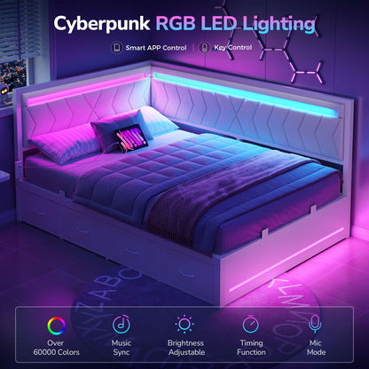 DICTAC | Cyberpunk L-Shaped Gaming Bed Frame with RGB LED Lights, Storage Drawers & Charging Station, White