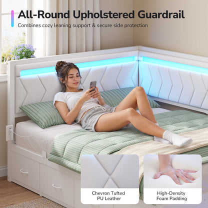 DICTAC | Cyberpunk L-Shaped Gaming Bed Frame with RGB LED Lights, Storage Drawers & Charging Station, White